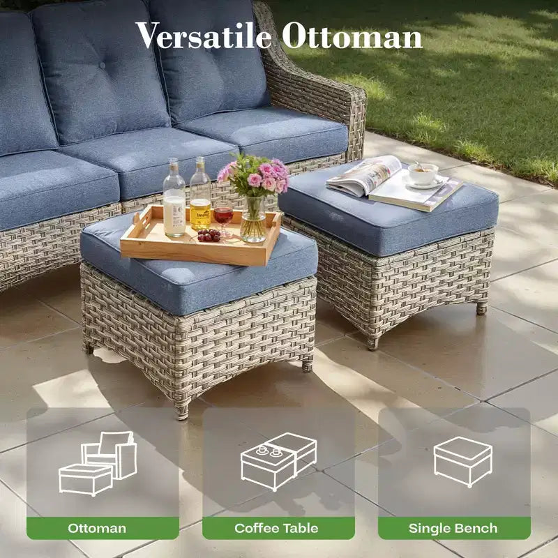 Ensemble de conversation de jardin 6 pièces, canapé 3 places avec coussins, chaises en rotin, poufs, table basse – Sanzelize Design