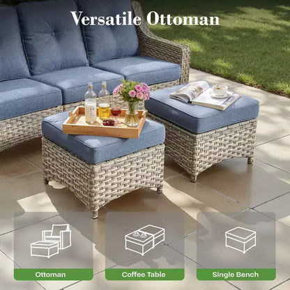 Ensemble de conversation de jardin 6 pièces, canapé 3 places avec coussins, chaises en rotin, poufs, table basse – Sanzelize Design