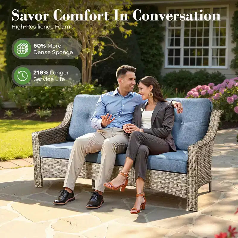 Ensemble de conversation de jardin 6 pièces, canapé 3 places avec coussins, chaises en rotin, poufs, table basse – Sanzelize Design
