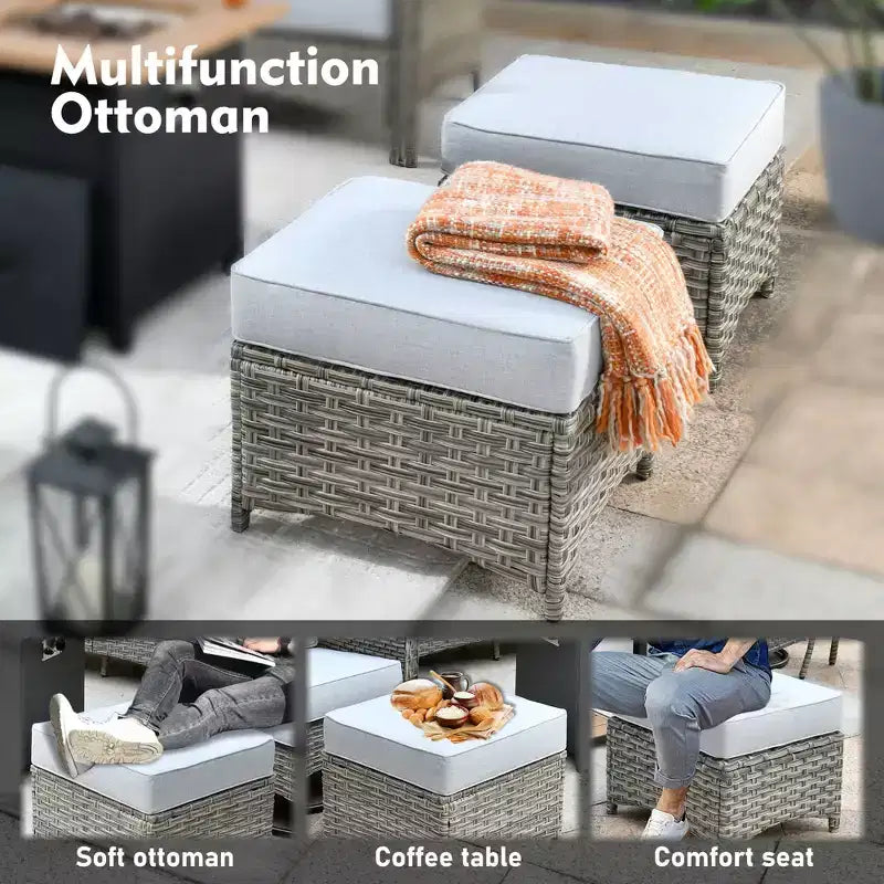 Ensemble de conversation de jardin 6 pièces, canapé 3 places avec coussins, chaises en rotin, poufs, table basse – Sanzelize Design