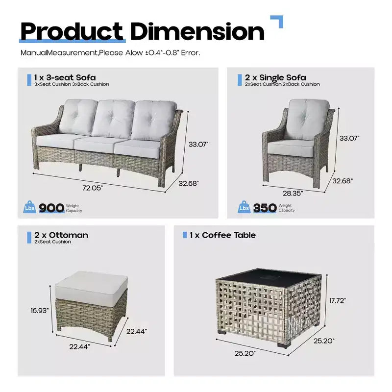 Ensemble de conversation de jardin 6 pièces, canapé 3 places avec coussins, chaises en rotin, poufs, table basse – Sanzelize Design