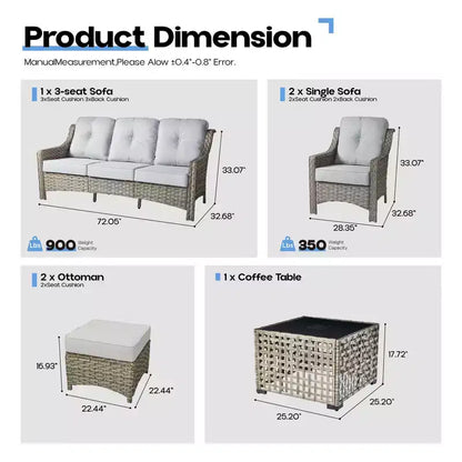 Ensemble de conversation de jardin 6 pièces, canapé 3 places avec coussins, chaises en rotin, poufs, table basse – Sanzelize Design