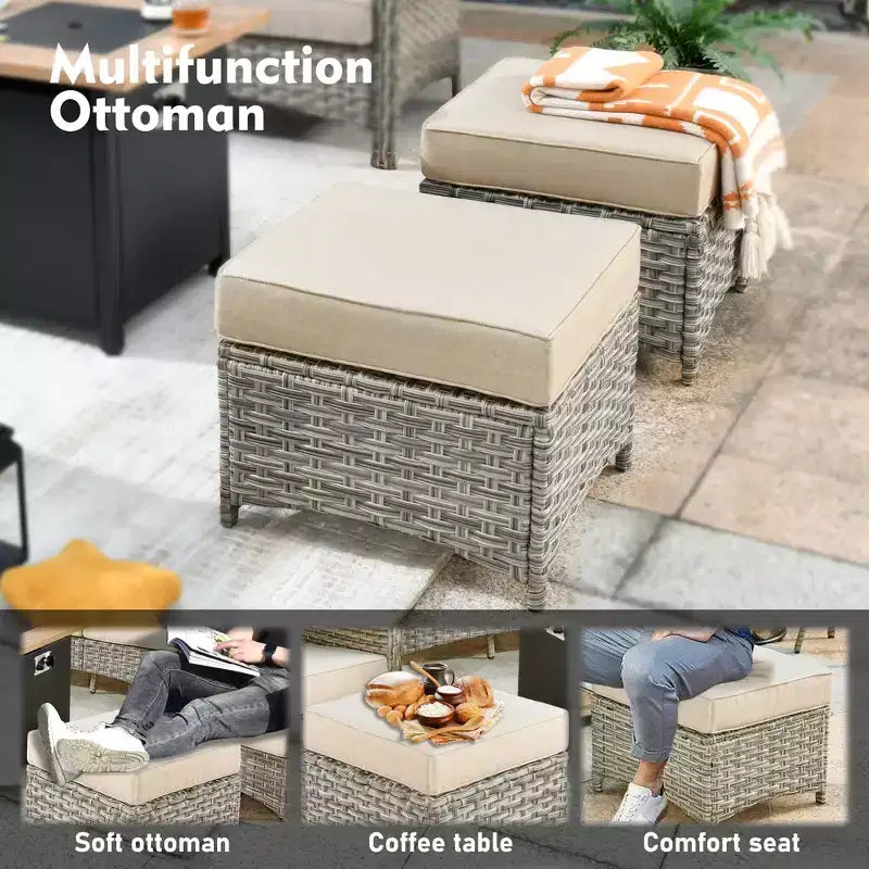 Ensemble de conversation de jardin 6 pièces, canapé 3 places avec coussins, chaises en rotin, poufs, table basse – Sanzelize Design
