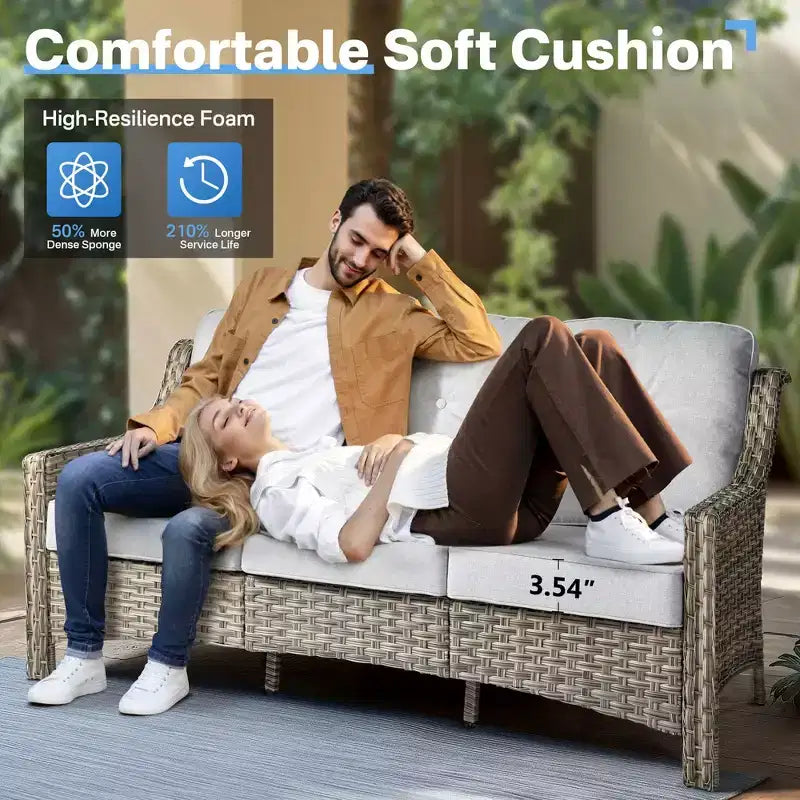 Ensemble de conversation de jardin 6 pièces, canapé 3 places avec coussins, chaises en rotin, poufs, table basse – Sanzelize Design