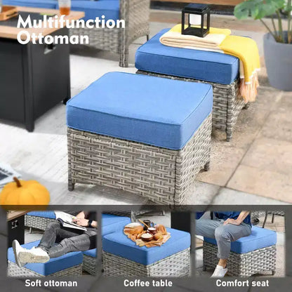 Ensemble de conversation de jardin 6 pièces, canapé 3 places avec coussins, chaises en rotin, poufs, table basse – Sanzelize Design