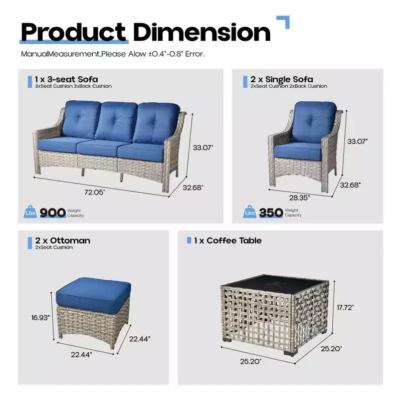 Ensemble de conversation de jardin 6 pièces, canapé 3 places avec coussins, chaises en rotin, poufs, table basse – Sanzelize Design