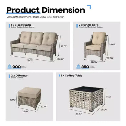 Ensemble de conversation de jardin 6 pièces, canapé 3 places avec coussins, chaises en rotin, poufs, table basse – Sanzelize Design