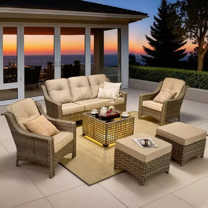 Ensemble de conversation de jardin 6 pièces, canapé 3 places avec coussins, chaises en rotin, poufs, table basse – Sanzelize Design
