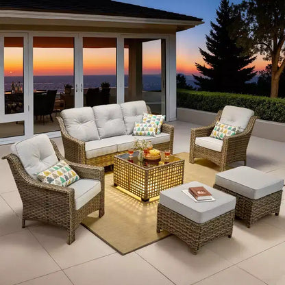 Ensemble de conversation de jardin 6 pièces, canapé 3 places avec coussins, chaises en rotin, poufs, table basse – Sanzelize Design