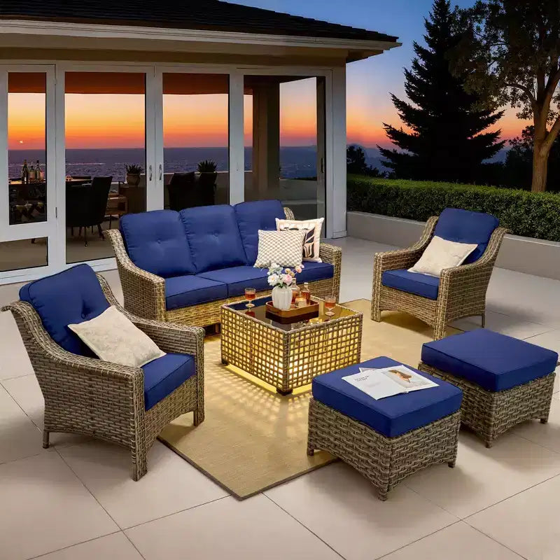 Ensemble de conversation de jardin 6 pièces, canapé 3 places avec coussins, chaises en rotin, poufs, table basse – Sanzelize Design