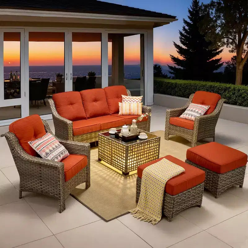 Ensemble de conversation de jardin 6 pièces, canapé 3 places avec coussins, chaises en rotin, poufs, table basse – Sanzelize Design