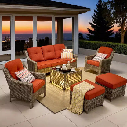 Ensemble de conversation de jardin 6 pièces, canapé 3 places avec coussins, chaises en rotin, poufs, table basse – Sanzelize Design