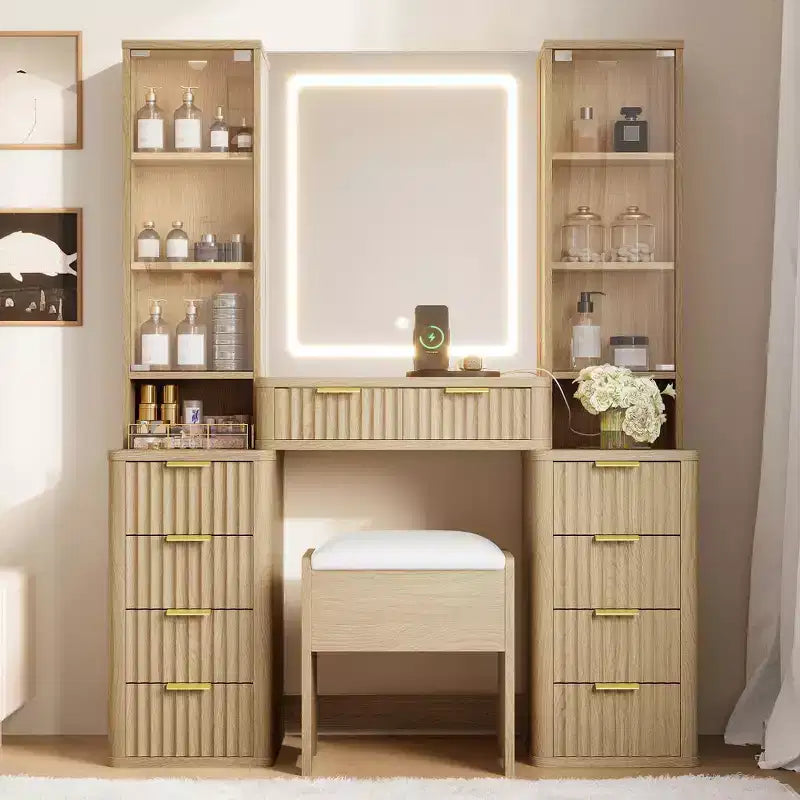 Coiffeuse moderne de 110 cm avec miroir et lumière, tiroirs, armoire en verre transparent – Sanzelize Design
