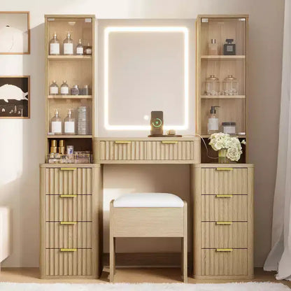 Coiffeuse moderne de 110 cm avec miroir et lumière, tiroirs, armoire en verre transparent – Sanzelize Design