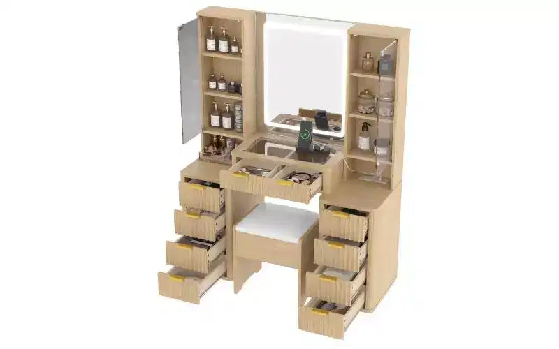 Coiffeuse moderne de 110 cm avec miroir et lumière, tiroirs, armoire en verre transparent – Sanzelize Design