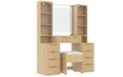 Coiffeuse moderne de 110 cm avec miroir et lumière, tiroirs, armoire en verre transparent – Sanzelize Design
