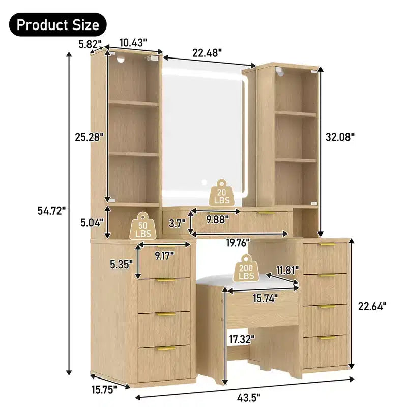Coiffeuse moderne de 110 cm avec miroir et lumière, tiroirs, armoire en verre transparent – Sanzelize Design