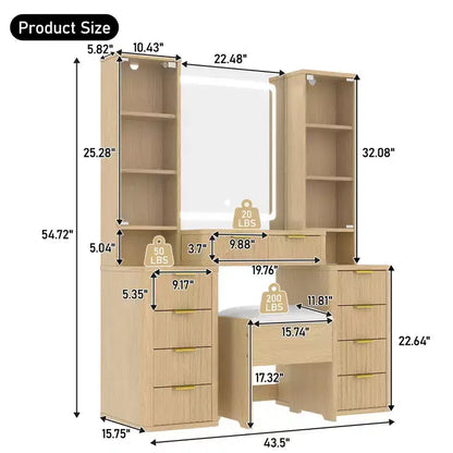 Coiffeuse moderne de 110 cm avec miroir et lumière, tiroirs, armoire en verre transparent – Sanzelize Design