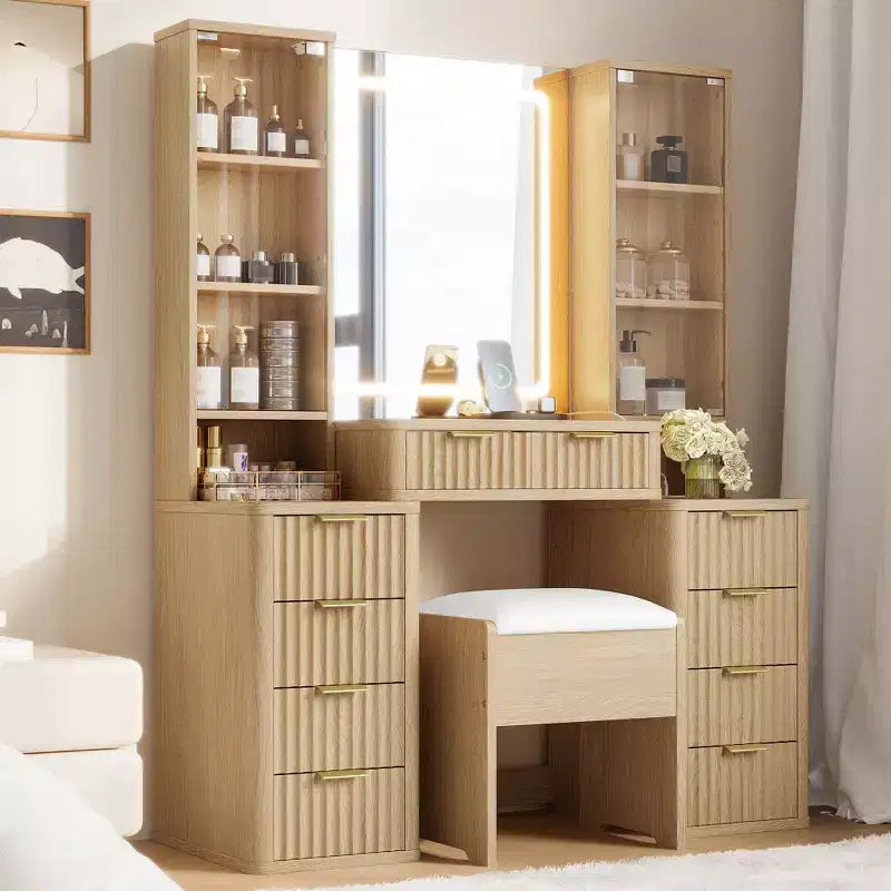 Coiffeuse moderne de 110 cm avec miroir et lumière, tiroirs, armoire en verre transparent – Sanzelize Design