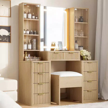 Coiffeuse moderne de 110 cm avec miroir et lumière, tiroirs, armoire en verre transparent – Sanzelize Design