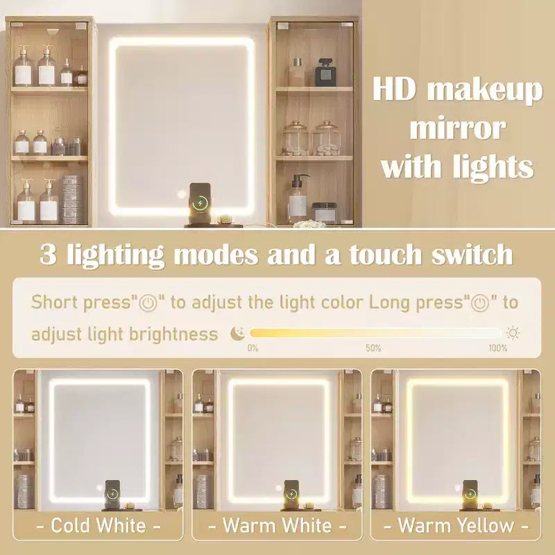 Coiffeuse moderne de 110 cm avec miroir et lumière, tiroirs, armoire en verre transparent – Sanzelize Design