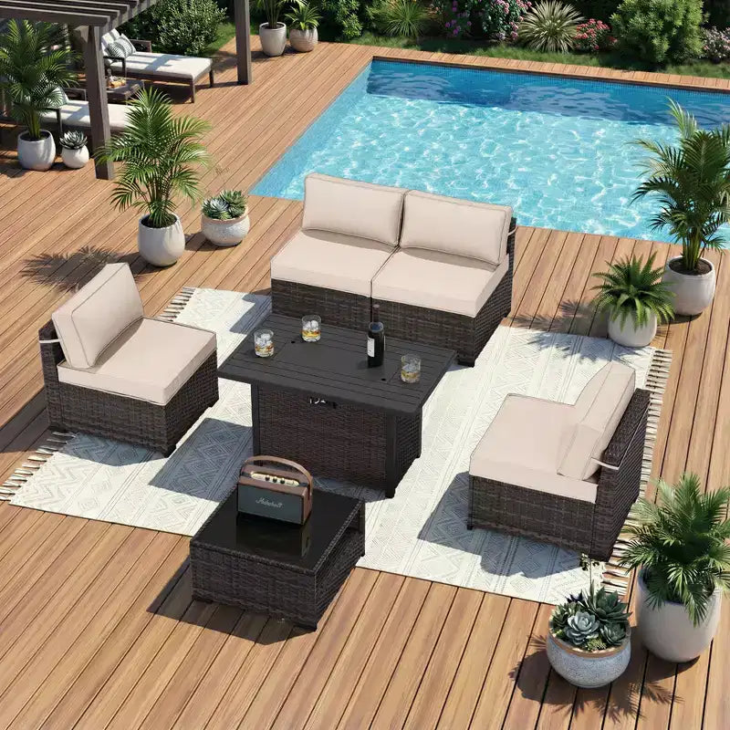 Ensemble de jardin 6 pièces: 4 chaises d'appoint, table de foyer marron et table basse en verre trempé pour des – Sanzelize Design