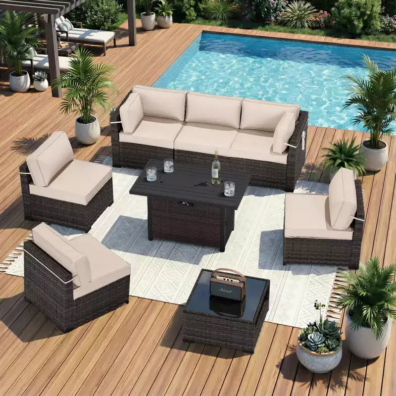 Salon de Jardin Premium avec Canapés d'Angle, Fauteuils d'Appoint et Table Basse Convertible Marron pour un Confort – Sanzelize Design