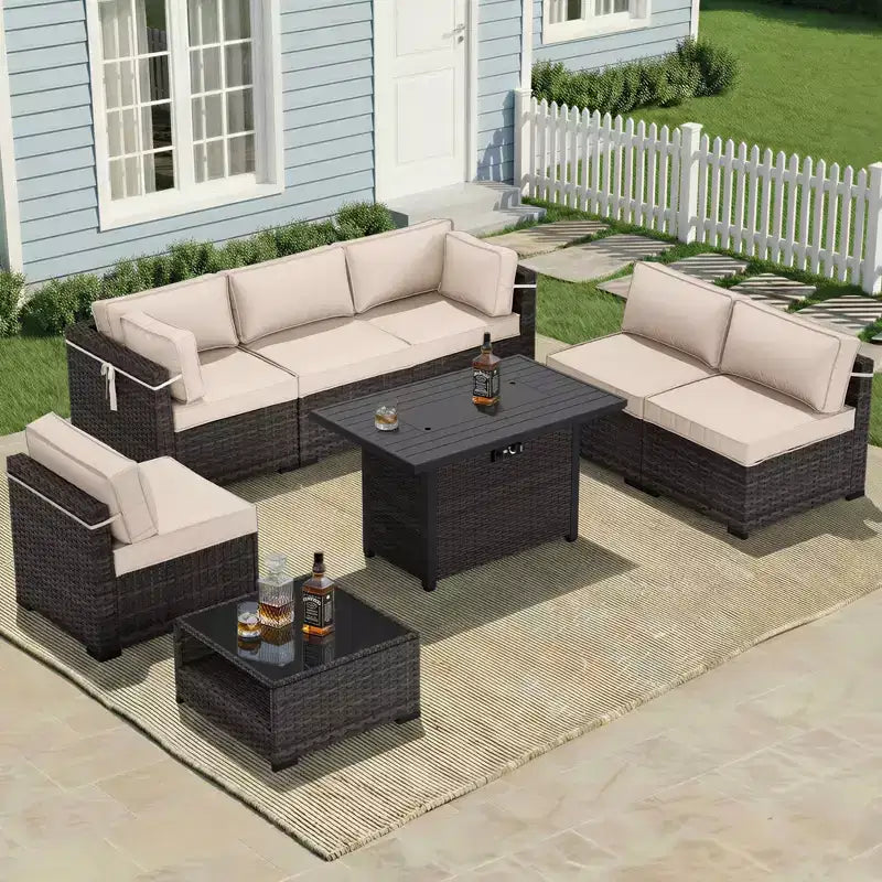 Salon de Jardin Premium avec Canapés d'Angle, Fauteuils d'Appoint et Table Basse Convertible Marron pour un Confort – Sanzelize Design