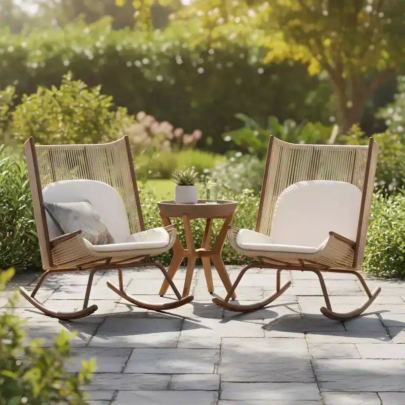 Ensemble de salle à manger de jardin 3 pièces Sunita Farmhouse avec table en bois d'acacia et chaises à bascule en fer – Sanzelize Design