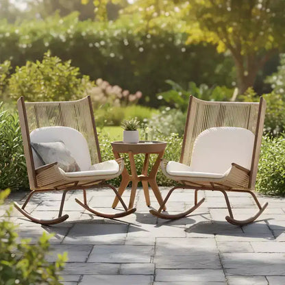 Ensemble de salle à manger de jardin 3 pièces Sunita Farmhouse avec table en bois d'acacia et chaises à bascule en fer – Sanzelize Design