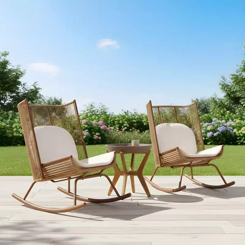 Ensemble de salle à manger de jardin 3 pièces Sunita Farmhouse avec table en bois d'acacia et chaises à bascule en fer – Sanzelize Design