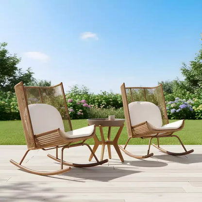 Ensemble de salle à manger de jardin 3 pièces Sunita Farmhouse avec table en bois d'acacia et chaises à bascule en fer – Sanzelize Design