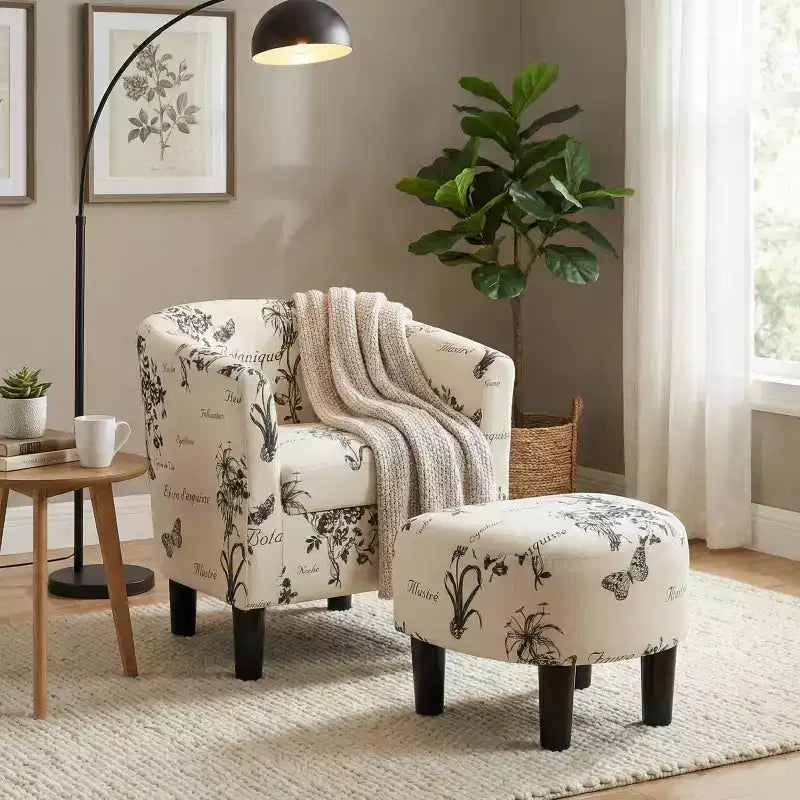 Fauteuil de salon cylindrique Everett avec pouf, en tissu à motif rétro – Sanzelize Design