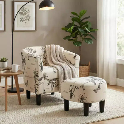 Fauteuil de salon cylindrique Everett avec pouf, en tissu à motif rétro – Sanzelize Design