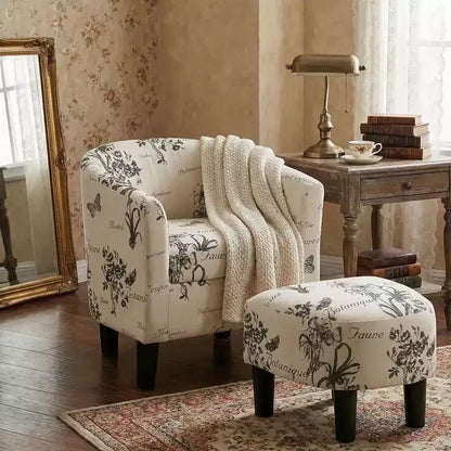 Fauteuil de salon cylindrique Everett avec pouf, en tissu à motif rétro – Sanzelize Design
