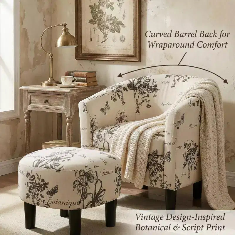 Fauteuil de salon cylindrique Everett avec pouf, en tissu à motif rétro – Sanzelize Design
