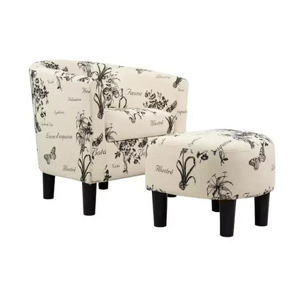 Fauteuil de salon cylindrique Everett avec pouf, en tissu à motif rétro – Sanzelize Design
