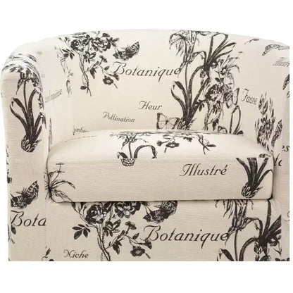 Fauteuil de salon cylindrique Everett avec pouf, en tissu à motif rétro – Sanzelize Design