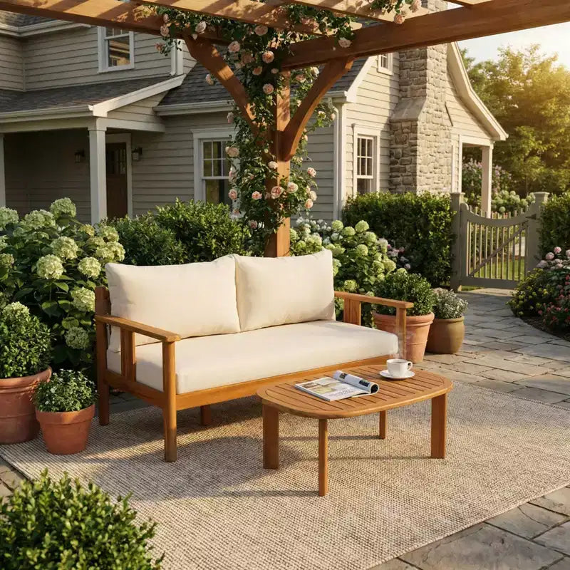 Chanan, ensemble de 2 sièges modernes en bois d'acacia avec table à lattes et causeuse – Sanzelize Design