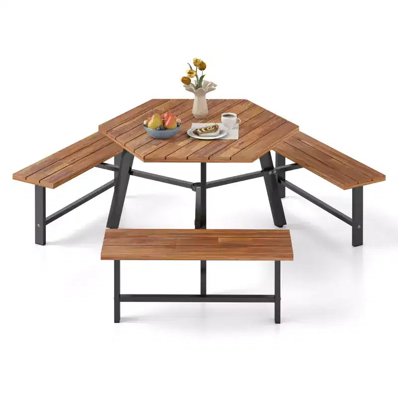 Table et bancs de pique-nique 6 personnes en bois d'acacia avec 3 sièges, trou pour parasol et cadre en métal – Sanzelize Design