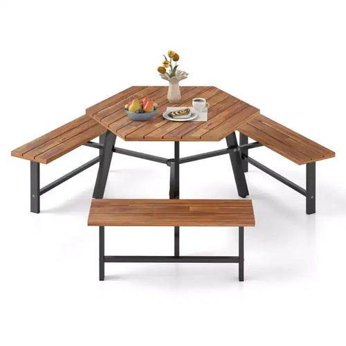 Table et bancs de pique-nique 6 personnes en bois d'acacia avec 3 sièges, trou pour parasol et cadre en métal – Sanzelize Design