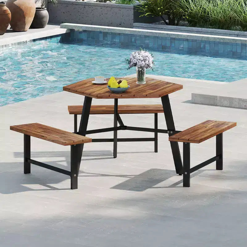 Table et bancs de pique-nique 6 personnes en bois d'acacia avec 3 sièges, trou pour parasol et cadre en métal – Sanzelize Design