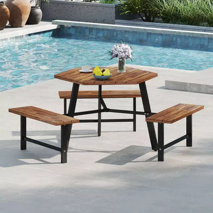 Table et bancs de pique-nique 6 personnes en bois d'acacia avec 3 sièges, trou pour parasol et cadre en métal – Sanzelize Design