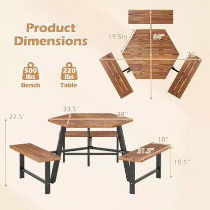 Table et bancs de pique-nique 6 personnes en bois d'acacia avec 3 sièges, trou pour parasol et cadre en métal – Sanzelize Design