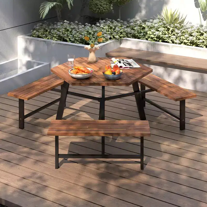 Table et bancs de pique-nique 6 personnes en bois d'acacia avec 3 sièges, trou pour parasol et cadre en métal – Sanzelize Design