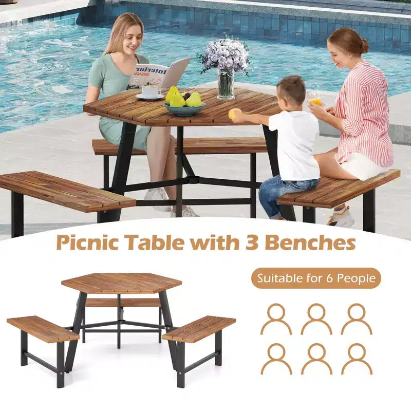 Table et bancs de pique-nique 6 personnes en bois d'acacia avec 3 sièges, trou pour parasol et cadre en métal – Sanzelize Design