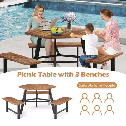 Table et bancs de pique-nique 6 personnes en bois d'acacia avec 3 sièges, trou pour parasol et cadre en métal – Sanzelize Design