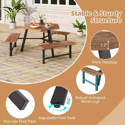 Table et bancs de pique-nique 6 personnes en bois d'acacia avec 3 sièges, trou pour parasol et cadre en métal – Sanzelize Design