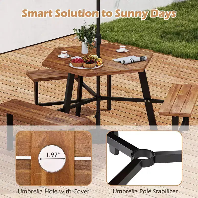 Table et bancs de pique-nique 6 personnes en bois d'acacia avec 3 sièges, trou pour parasol et cadre en métal – Sanzelize Design