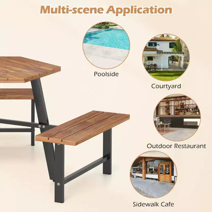 Table et bancs de pique-nique 6 personnes en bois d'acacia avec 3 sièges, trou pour parasol et cadre en métal – Sanzelize Design